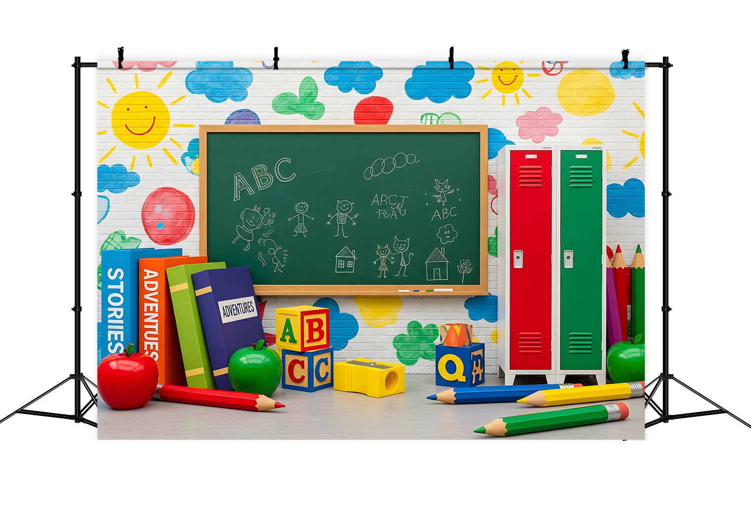 Preschool Photo Backdrops Colorful Chalkboard Doodle Wall Classroom Backdrop UK By Magali