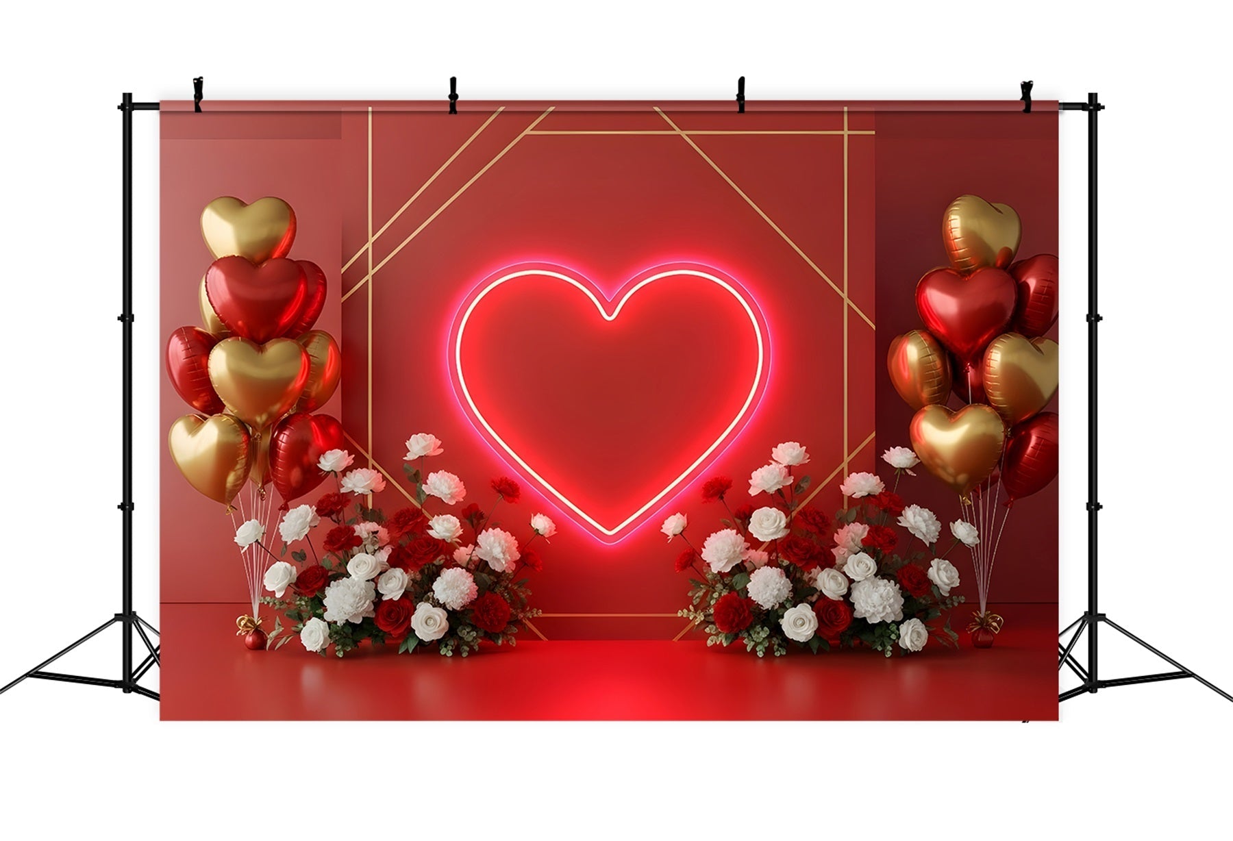 Valentines Backdrops Neon Heart Balloons Floral Valentine's Day Backdrop UK By Magali