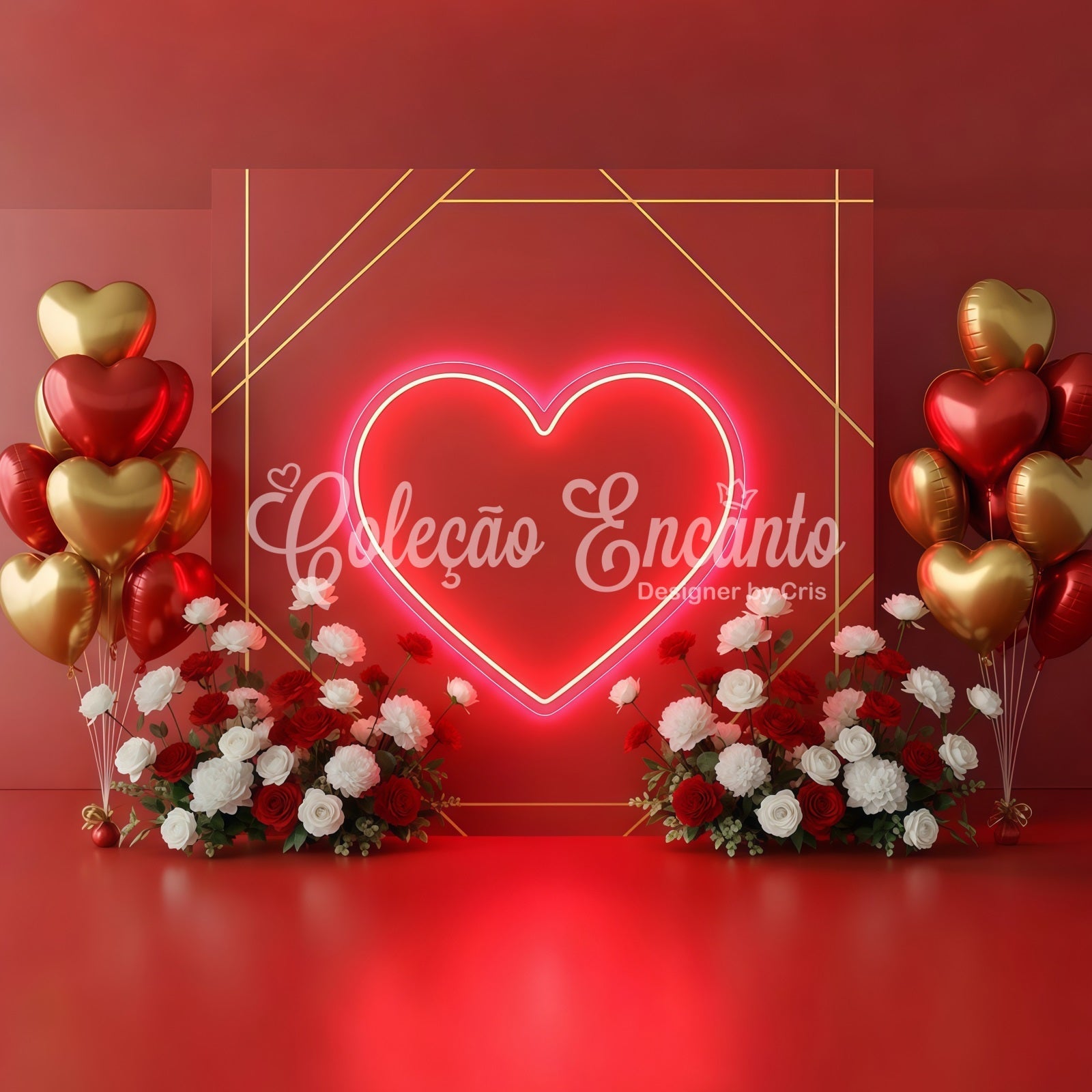 Valentines Backdrops Neon Heart Balloons Floral Valentine's Day Backdrop UK By Magali