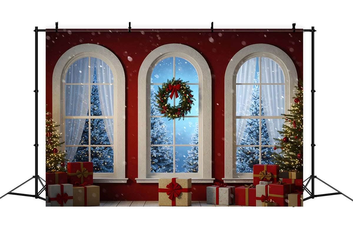 Christmas Backdrop For Photos Red Wall Arched Window Backdrop UK By Magali