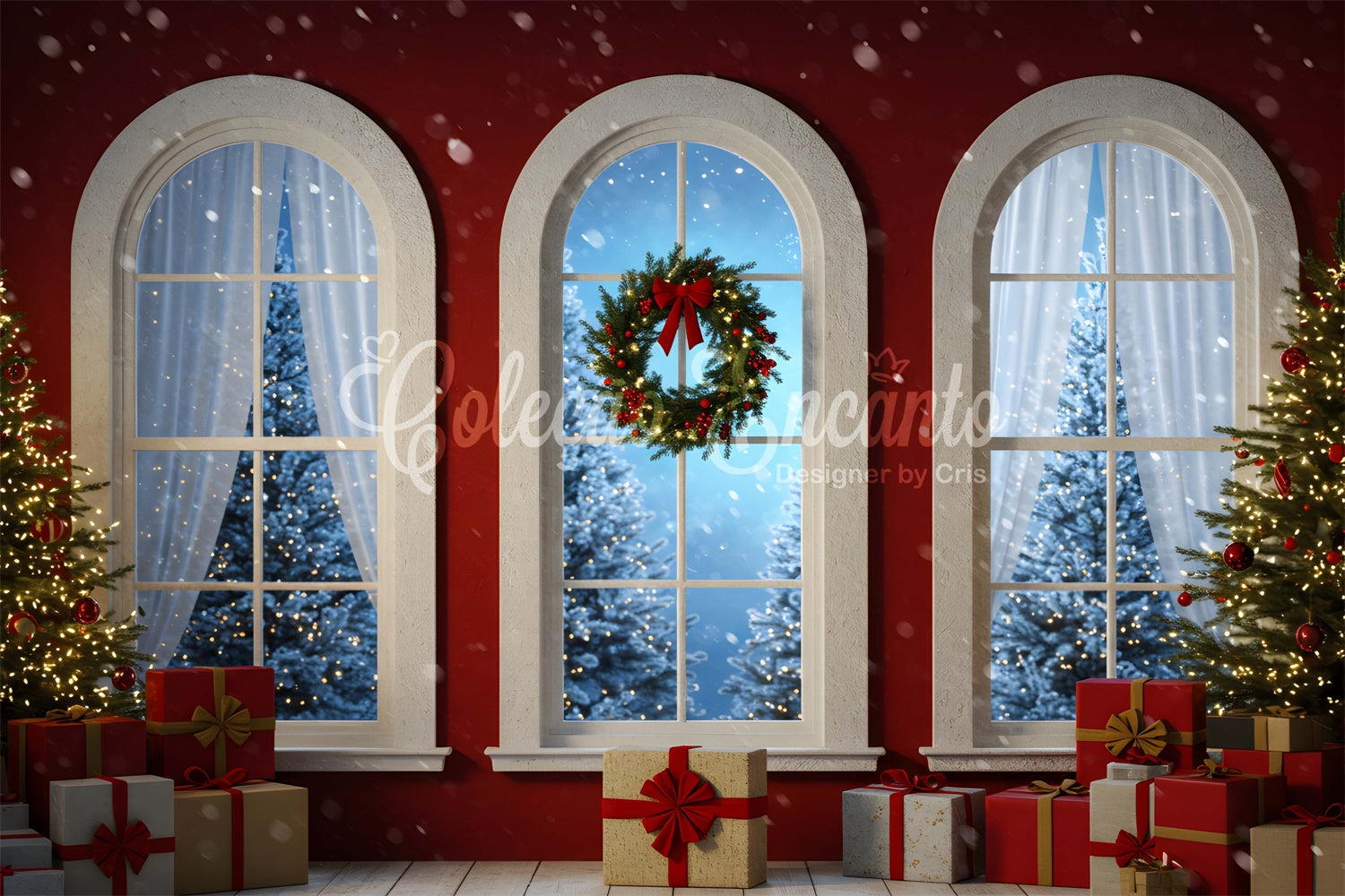 Christmas Backdrop For Photos Red Wall Arched Window Backdrop UK By Magali
