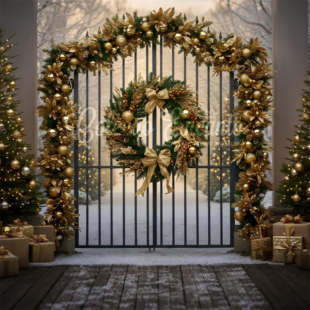 Christmas Tree Backdrop Golden Wreath Gate Decor Backdrop UK By Magali