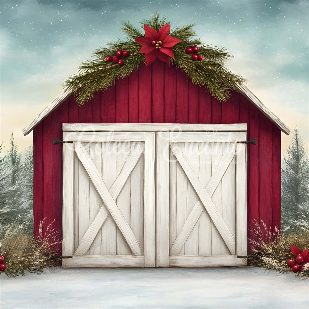 High Resolution Christmas Backdrop Rustic Red Barn Backdrop UK By Magali