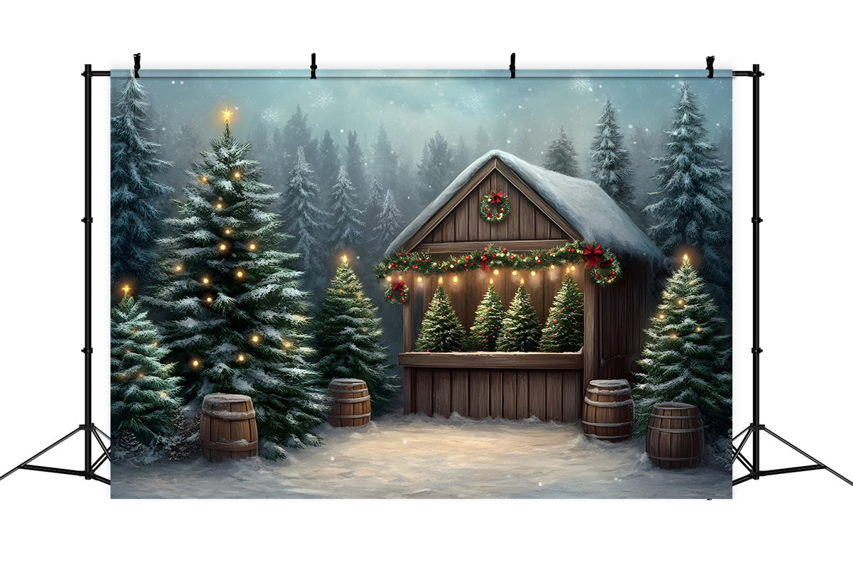 Christmas Photo Backdrop Frosted Trees Wooden House Backdrop UK By Magali