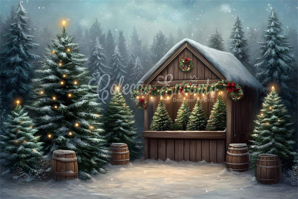 Christmas Photo Backdrop Frosted Trees Wooden House Backdrop UK By Magali