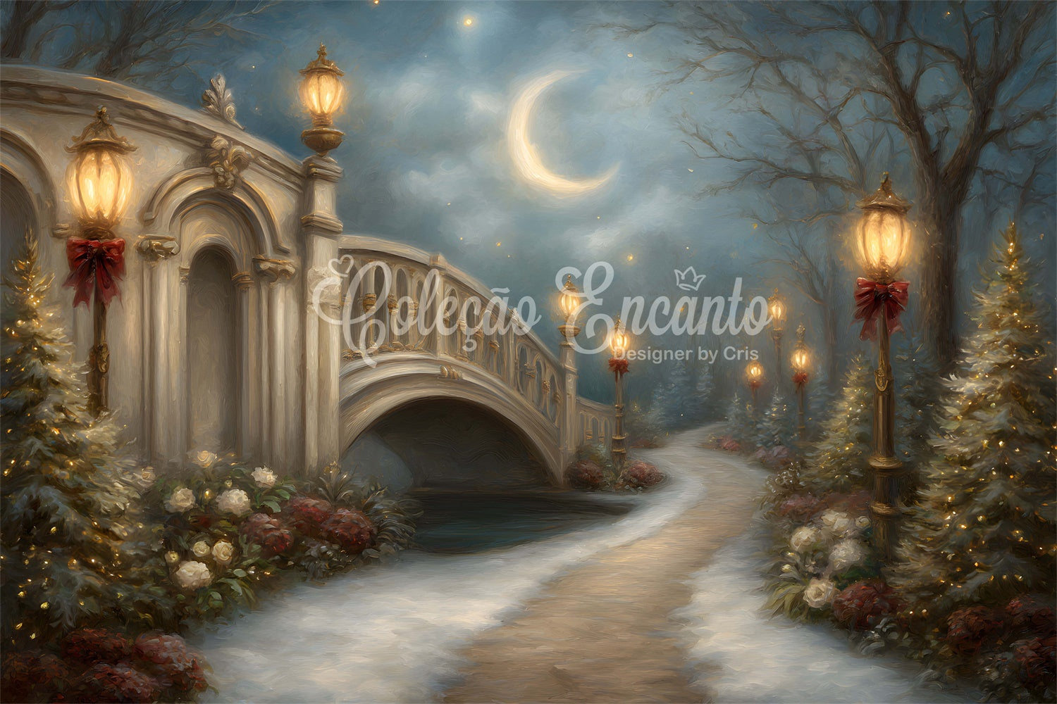 Christmas Backdrops Holiday Bridge Lantern Moon Backdrop UK By Magali