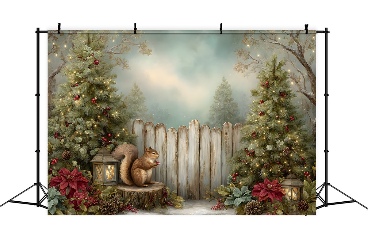 Christmas Photography Backdrops Squirrel Pine Tree Fence Backdrop UK By Magali
