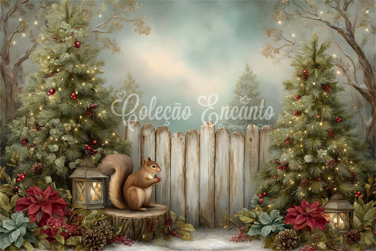 Christmas Photography Backdrops Squirrel Pine Tree Fence Backdrop UK By Magali