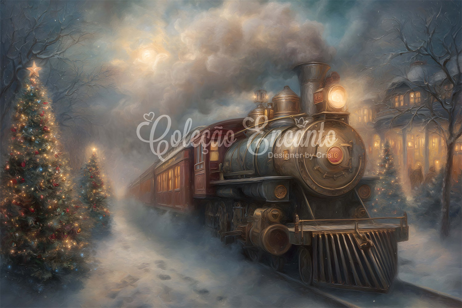 Christmas Photo Backdrop Vintage Train Winter Night Backdrop UK By Magali