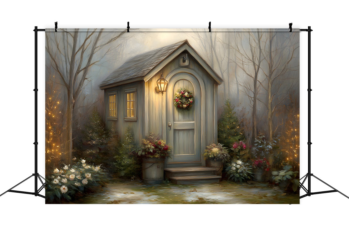 Christmas Backdrop Winter Cottage Wreath Forest Backdrop UK By Magali