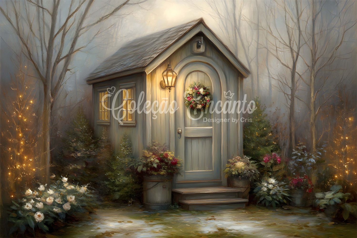 Christmas Backdrop Winter Cottage Wreath Forest Backdrop UK By Magali