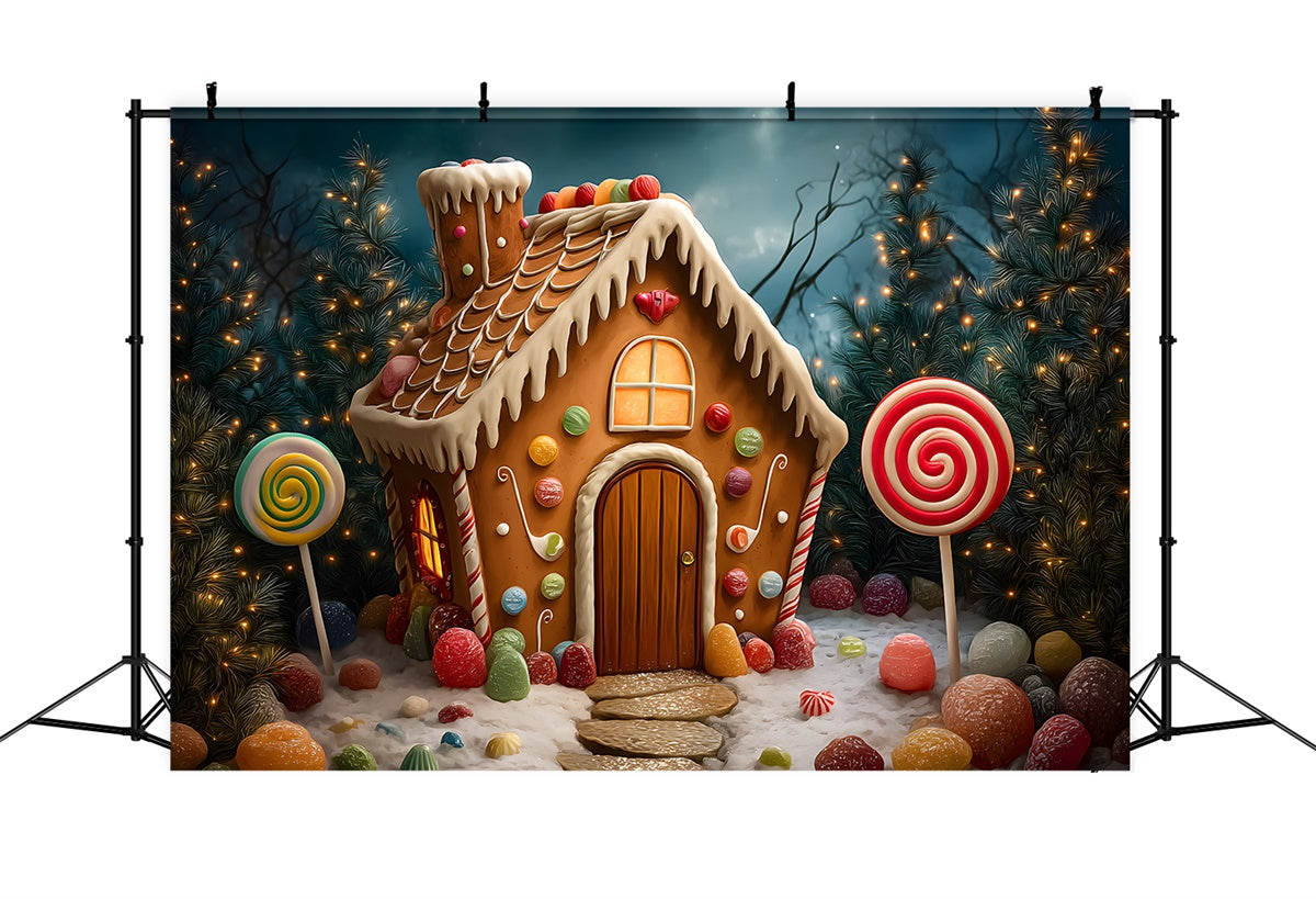 Christmas Photo Backdrop Candy Cottage Tree Lights Backdrop UK By Magali