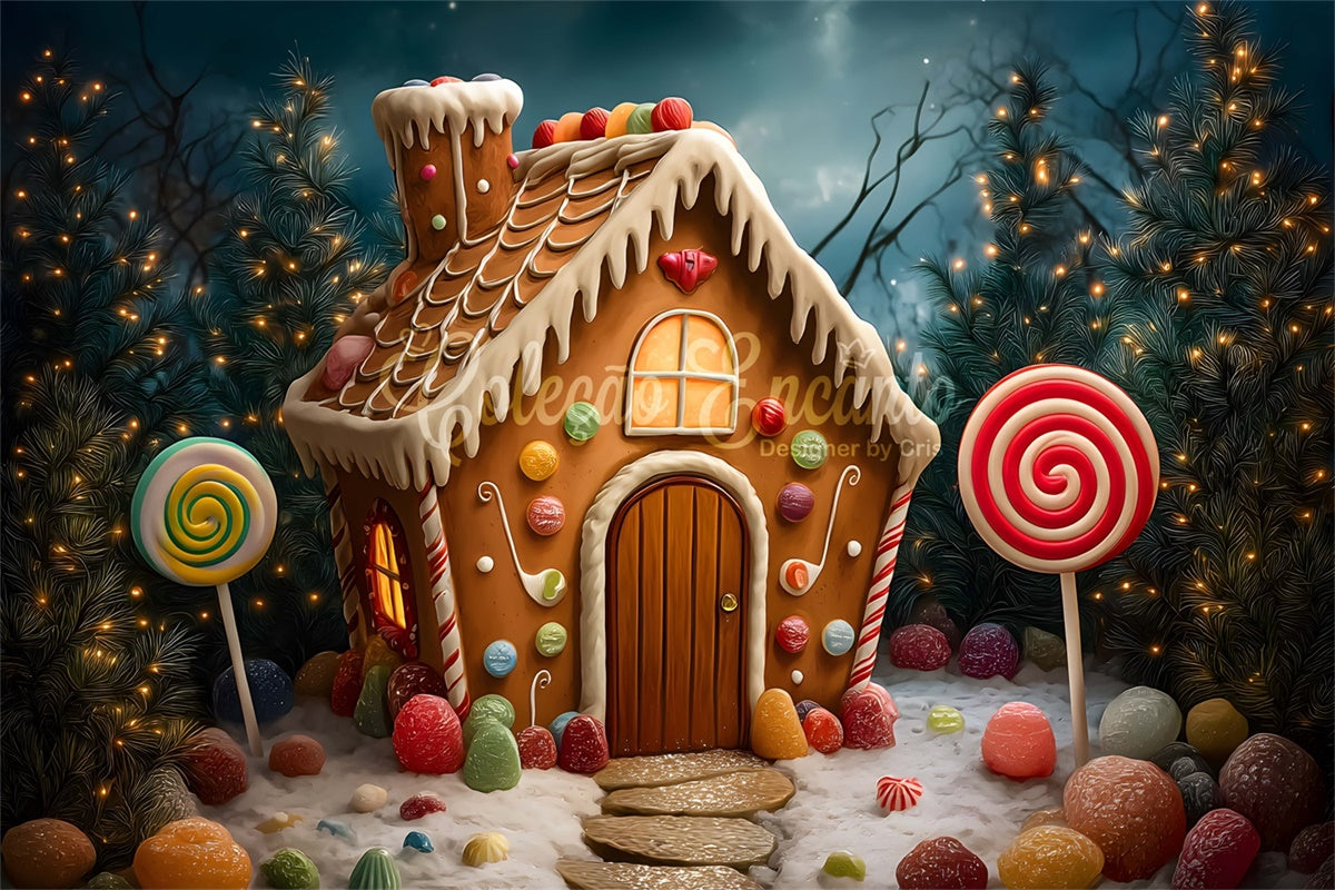Christmas Photo Backdrop Candy Cottage Tree Lights Backdrop UK By Magali