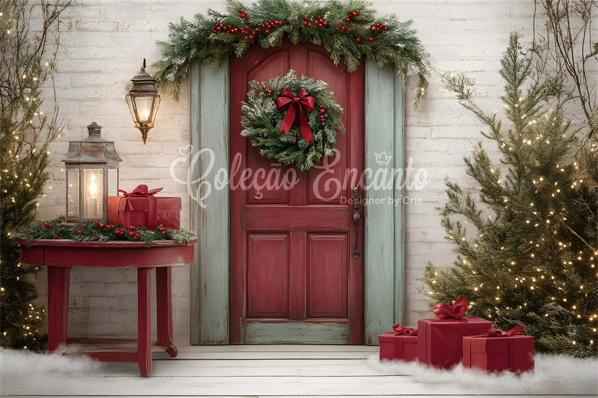 Professional Christmas Backdrops Red Door Wreath Gift Backdrop UK By Magali