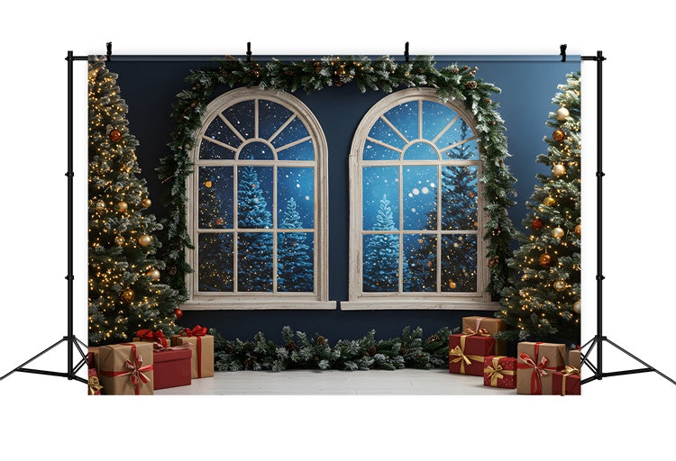 Christmas Photo Backdrop Arched Windows Snowy Backdrop UK By Magali