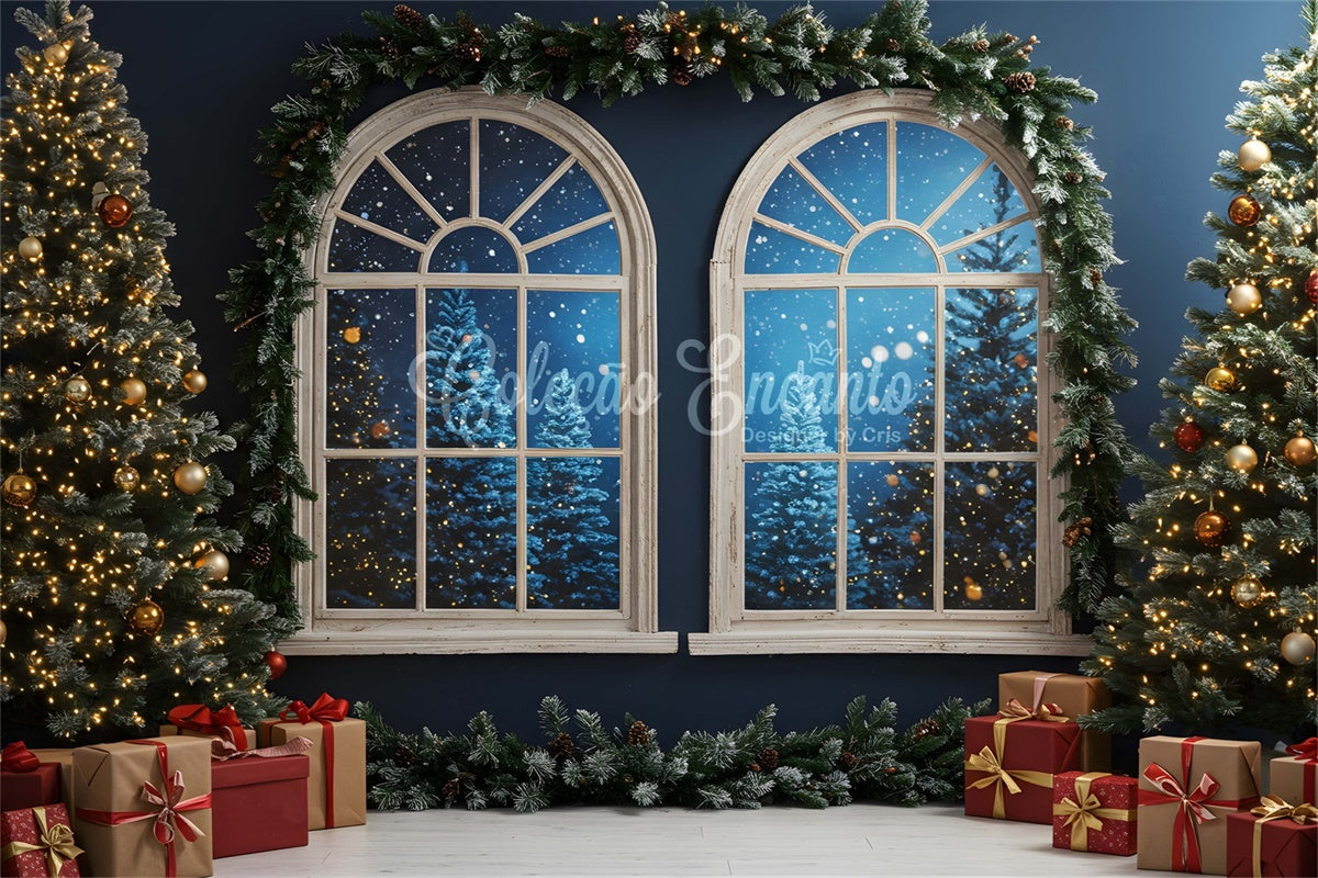 Christmas Photo Backdrop Arched Windows Snowy Backdrop UK By Magali