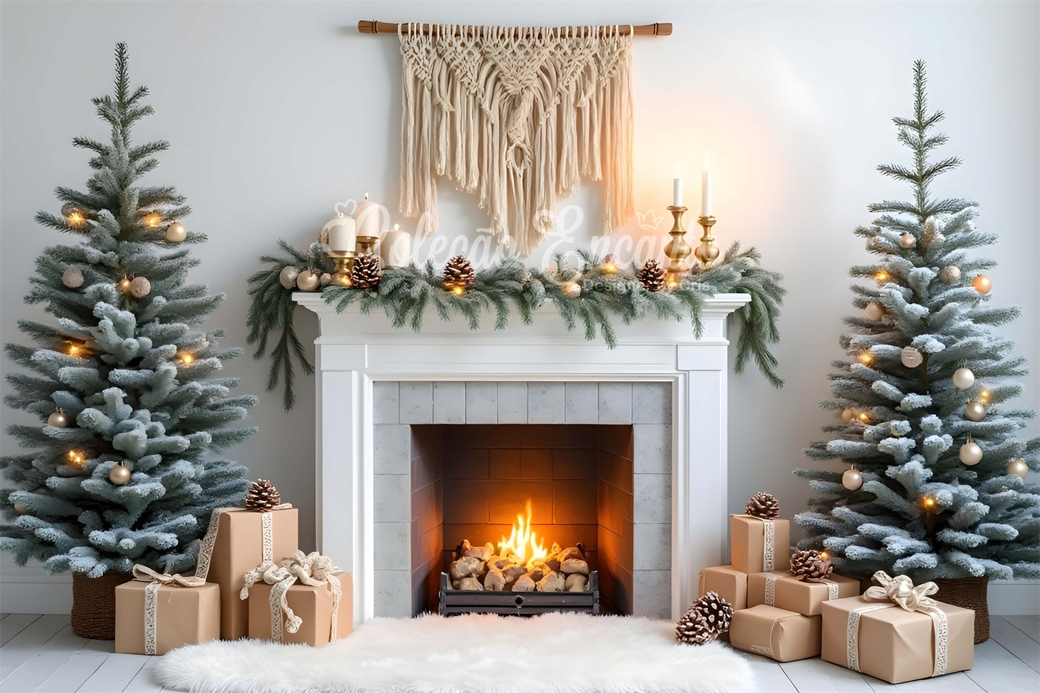 High Resolution Christmas Backdrop Pine Garland Fireplace Backdrop UK By Magali