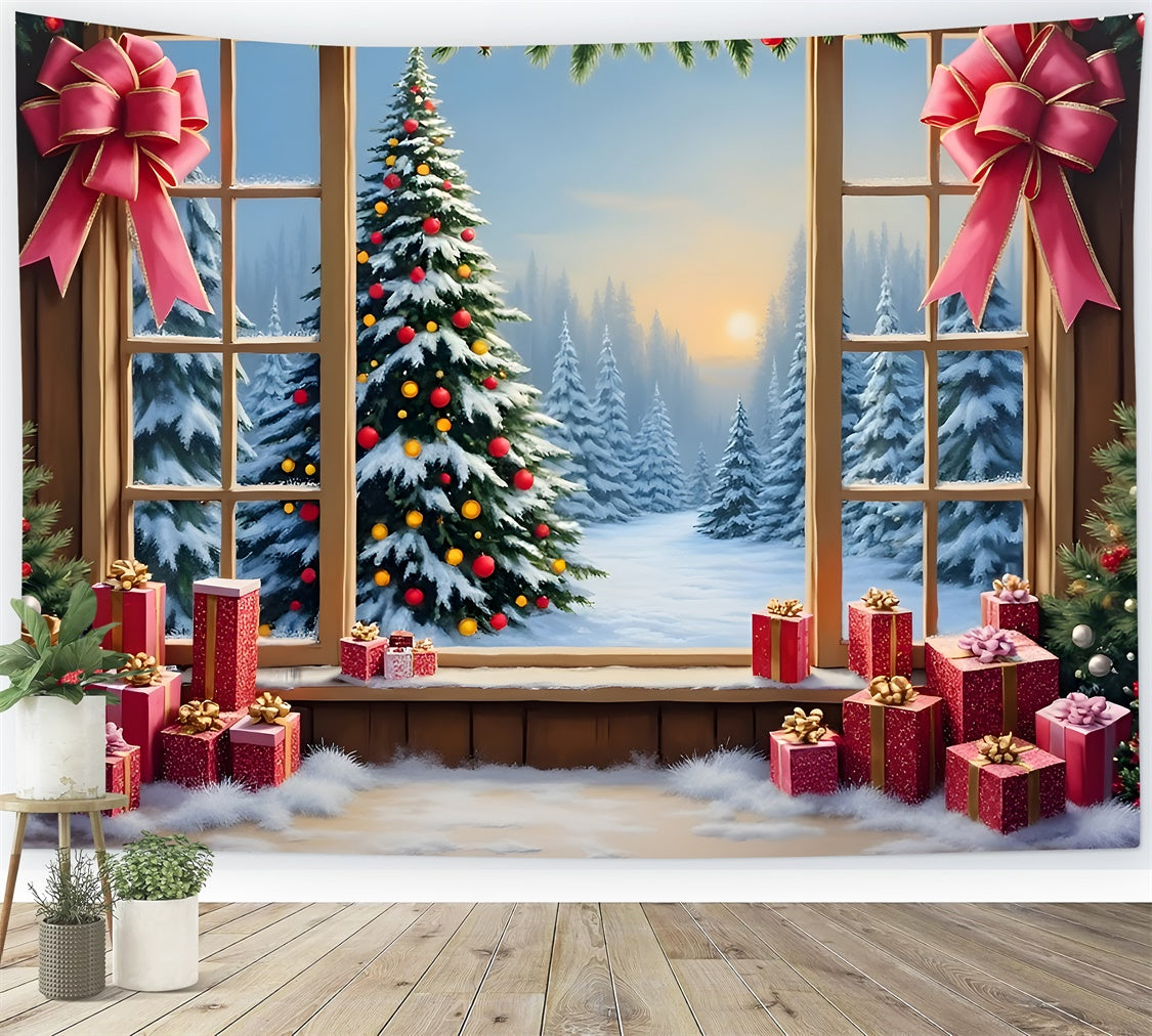 Christmas Photography Backdrops Window Snow Forest Gifts Backdrop UK By Magali