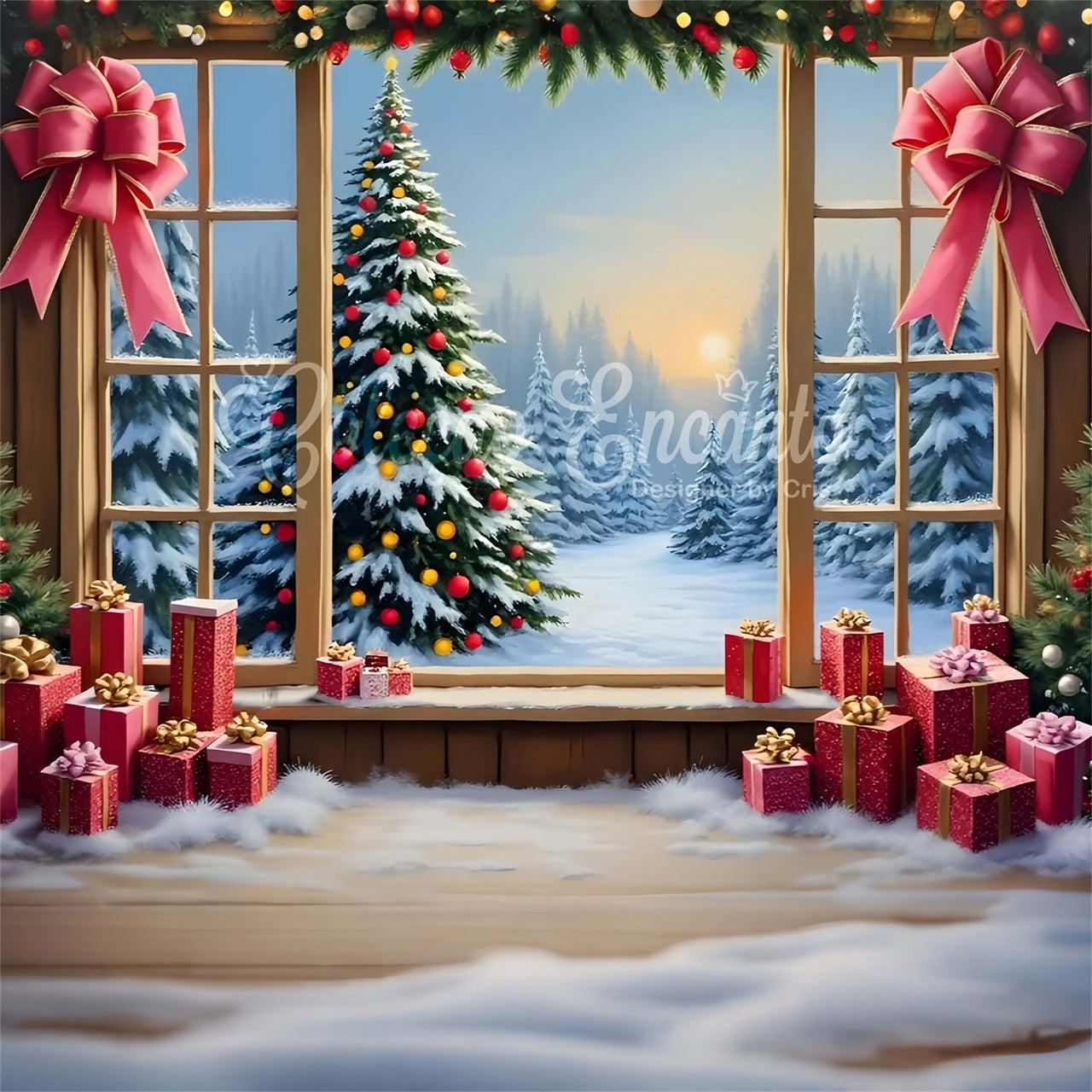 Christmas Photography Backdrops Window Snow Forest Gifts Backdrop UK By Magali