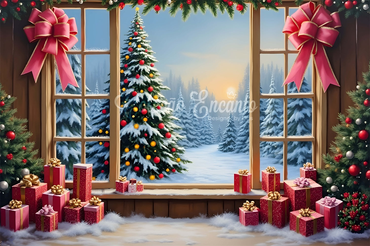 Christmas Photography Backdrops Window Snow Forest Gifts Backdrop UK By Magali