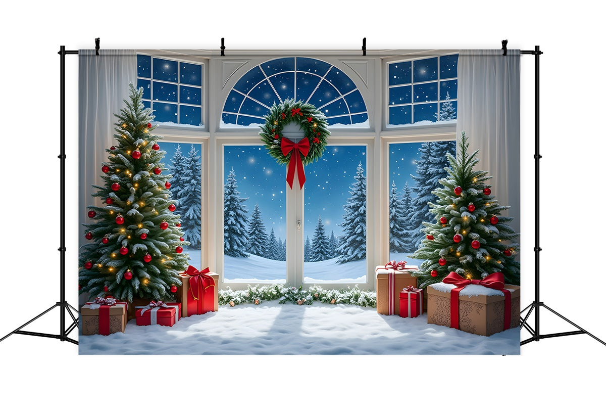 Christmas Photo Backdrops Ornament Tree Snow Window Backdrop UK By Magali