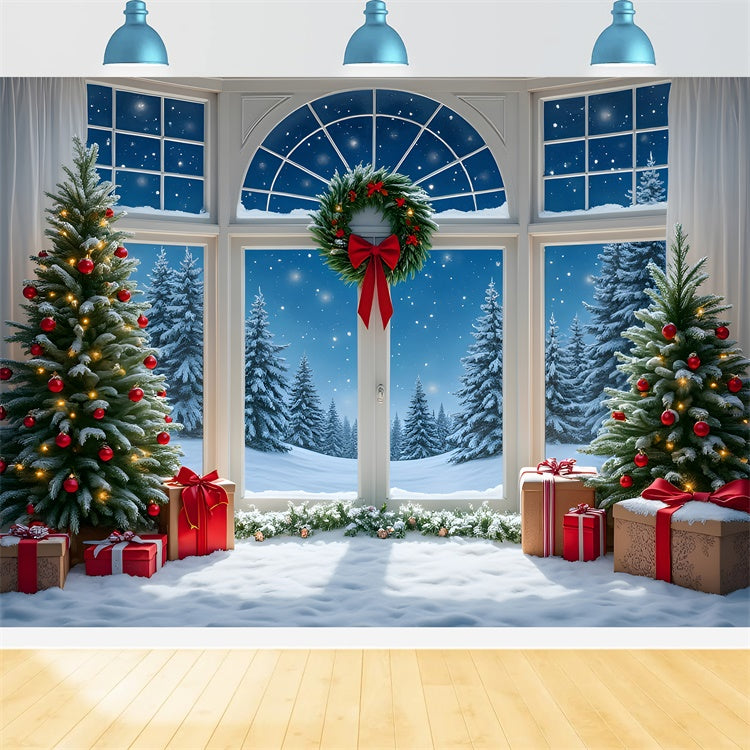 Christmas Photo Backdrops Ornament Tree Snow Window Backdrop UK By Magali