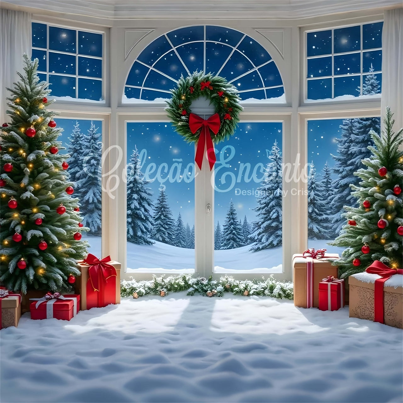 Christmas Photo Backdrops Ornament Tree Snow Window Backdrop UK By Magali