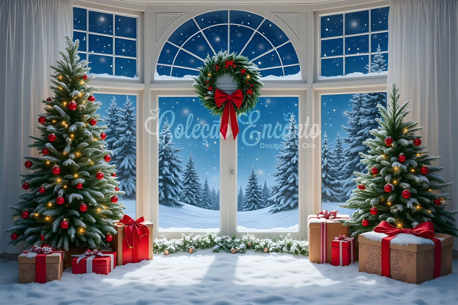 Christmas Photo Backdrops Ornament Tree Snow Window Backdrop UK By Magali