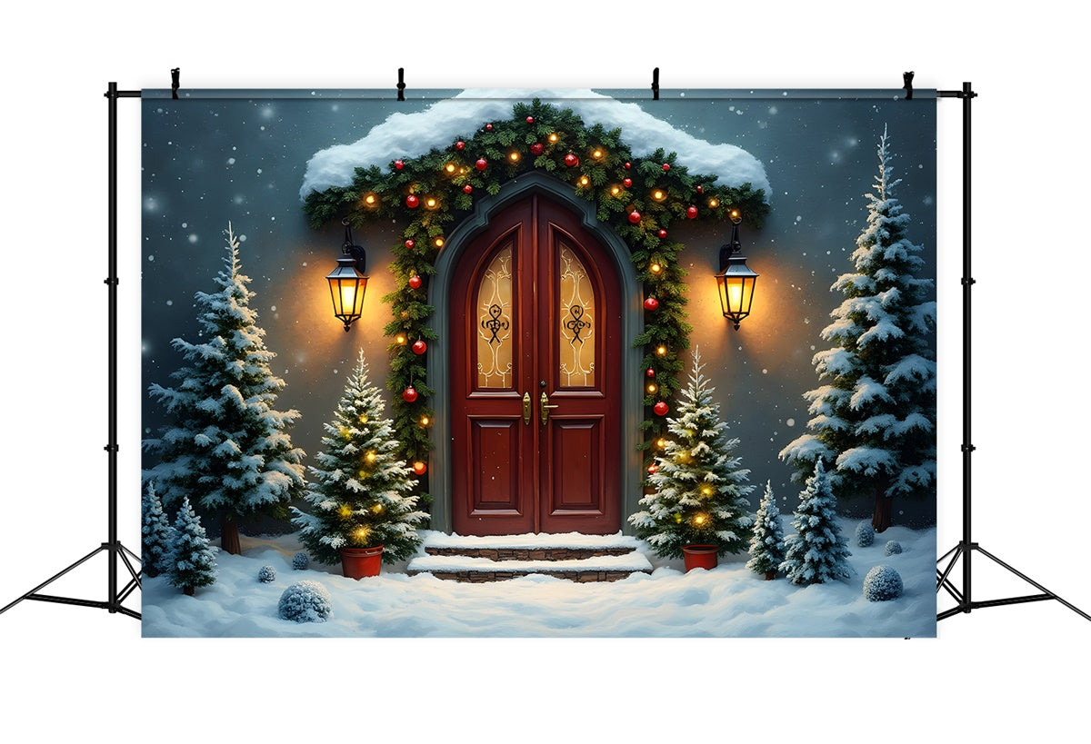 Christmas Photo Backdrop Gothic Door Pine Snow Backdrop UK By Magali