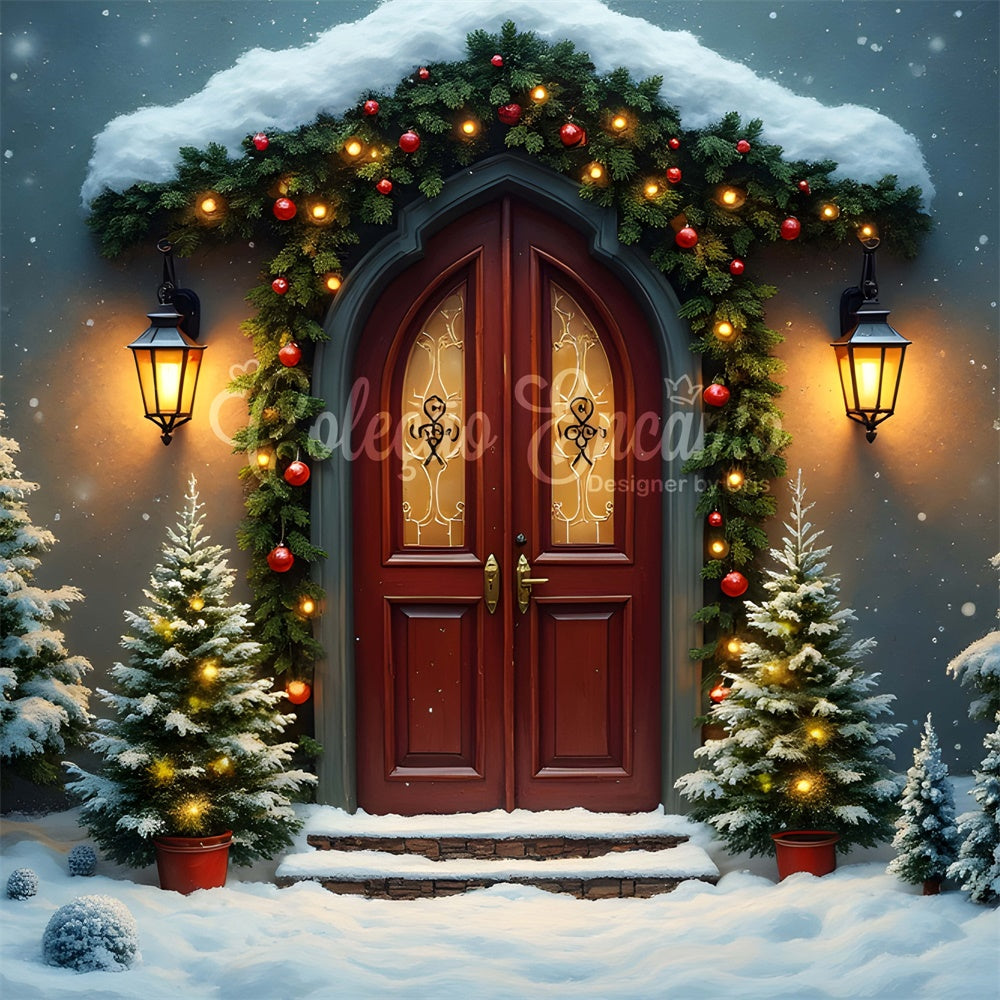 Christmas Photo Backdrop Gothic Door Pine Snow Backdrop UK By Magali