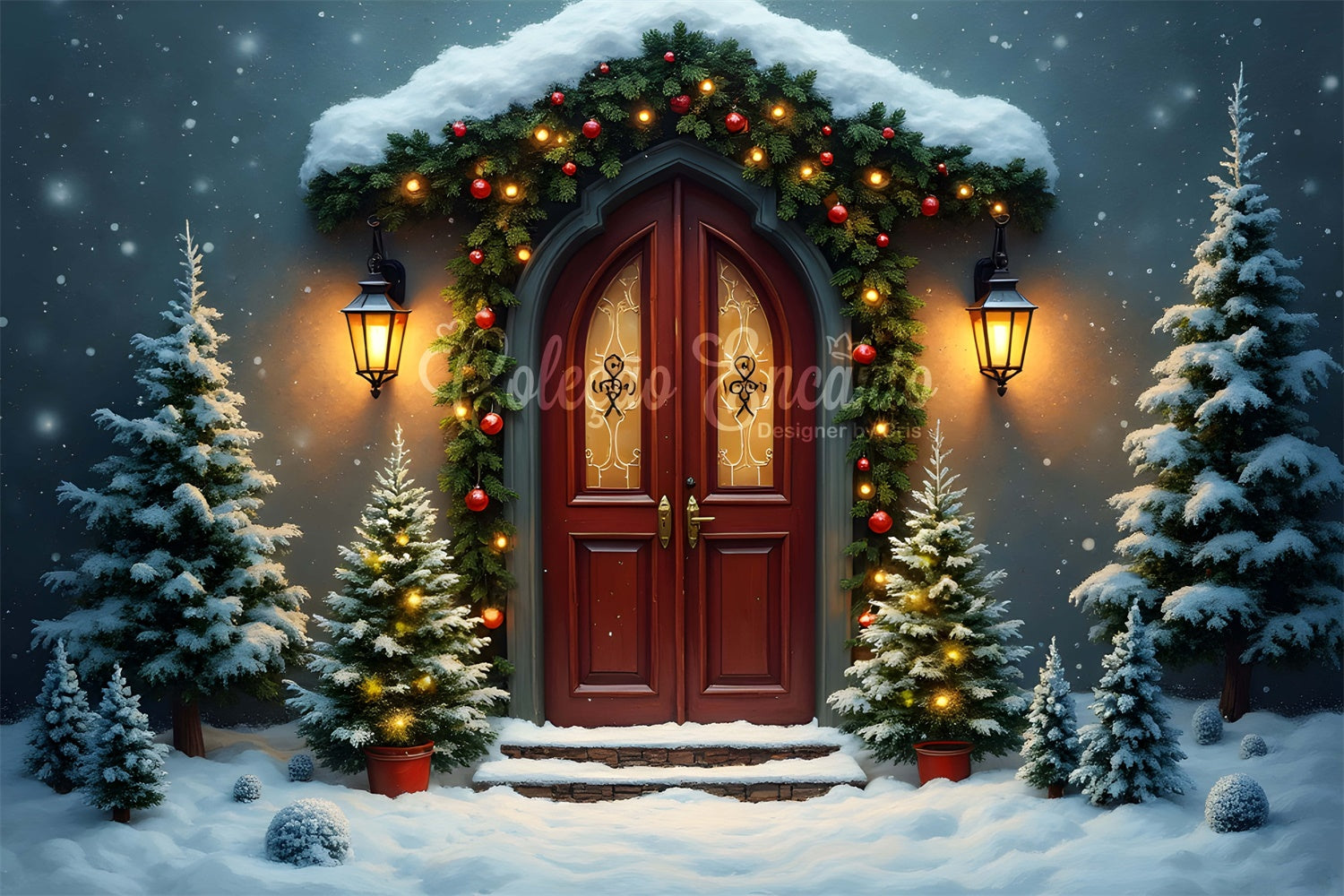Christmas Photo Backdrop Gothic Door Pine Snow Backdrop UK By Magali