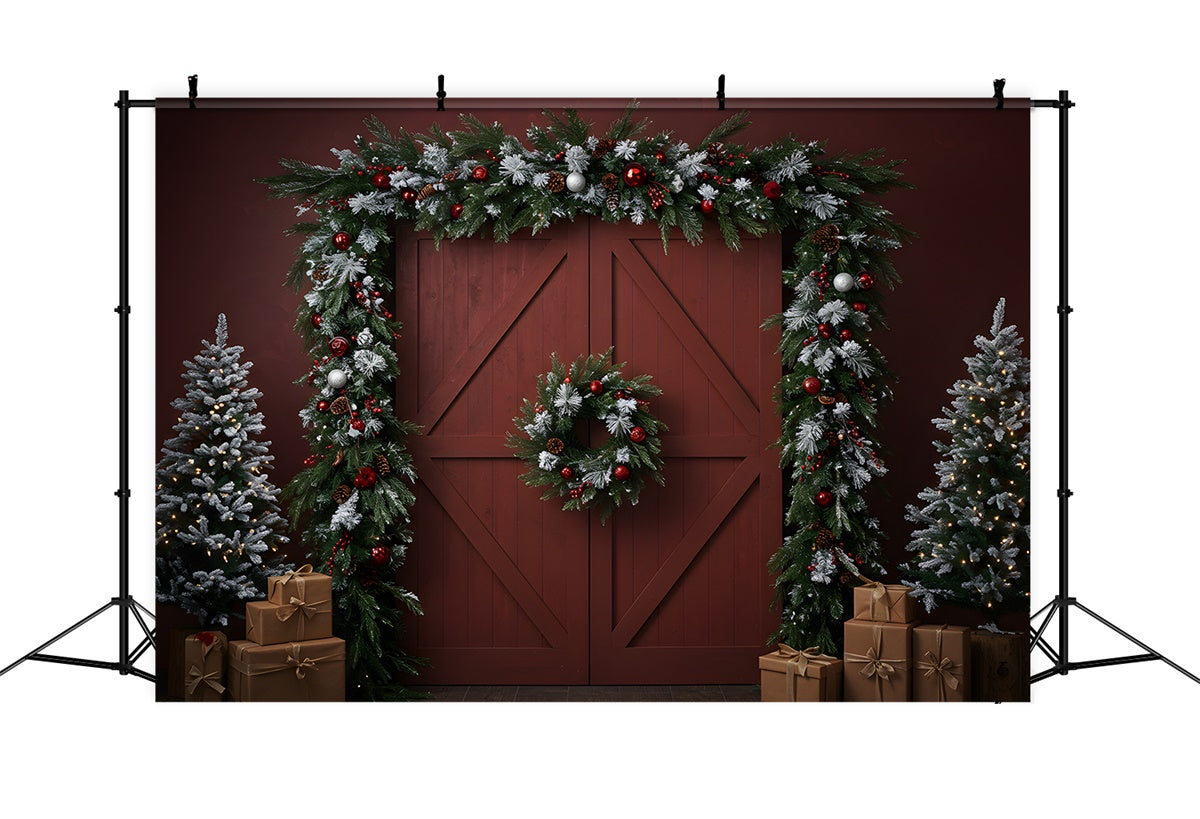 Christmas Backdrop For Photos Rustic Red Door Wreath Backdrop UK By Magali