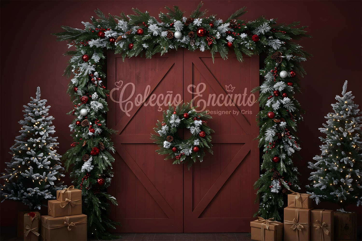 Christmas Backdrop For Photos Rustic Red Door Wreath Backdrop UK By Magali