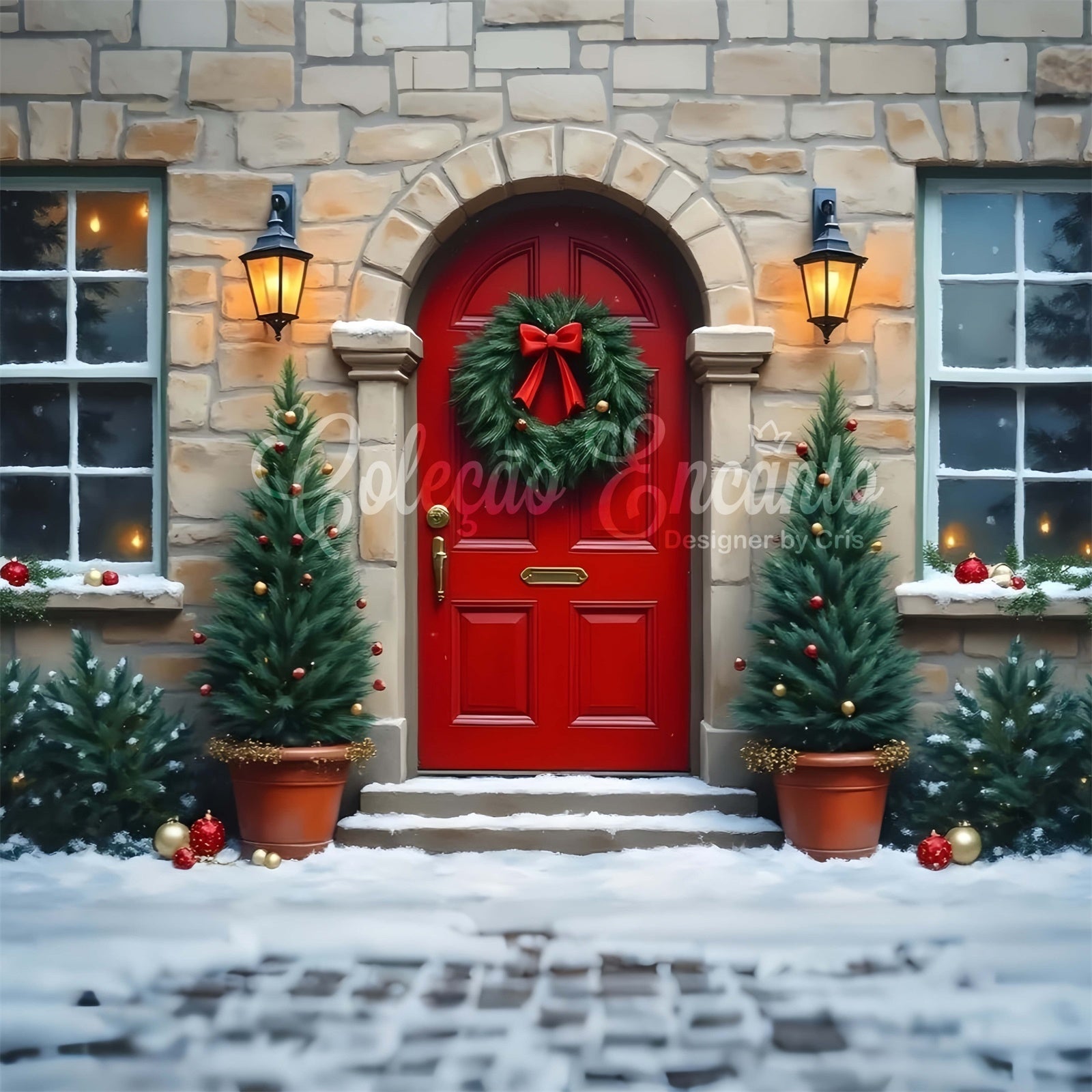 Christmas Photography Backdrops Red Door Stone Wall Backdrop UK By Magali