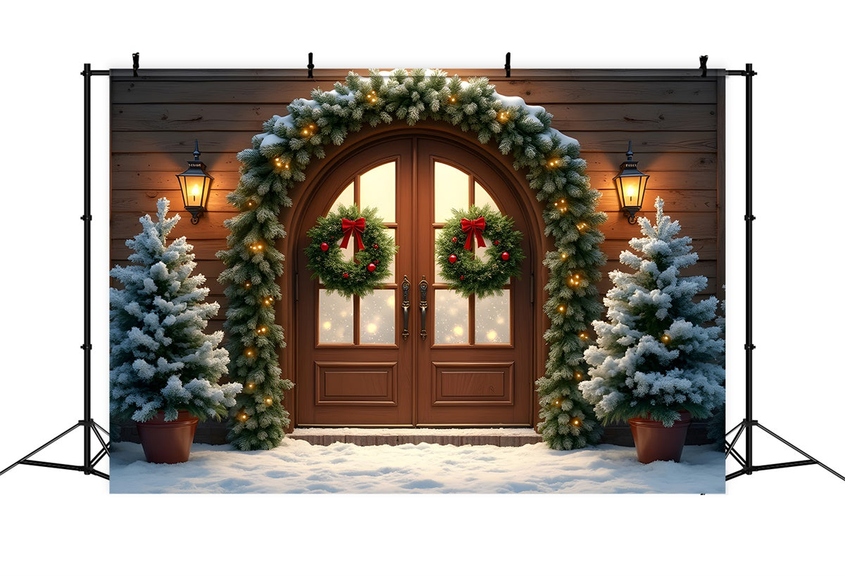 Xmas Backdrop Wooden Door Garland Tree Backdrop UK By Magali