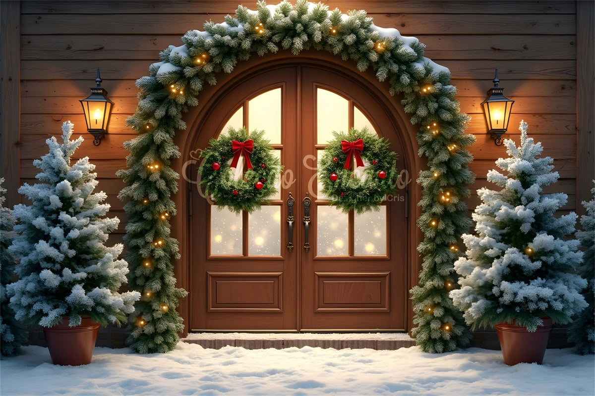 Xmas Backdrop Wooden Door Garland Tree Backdrop UK By Magali