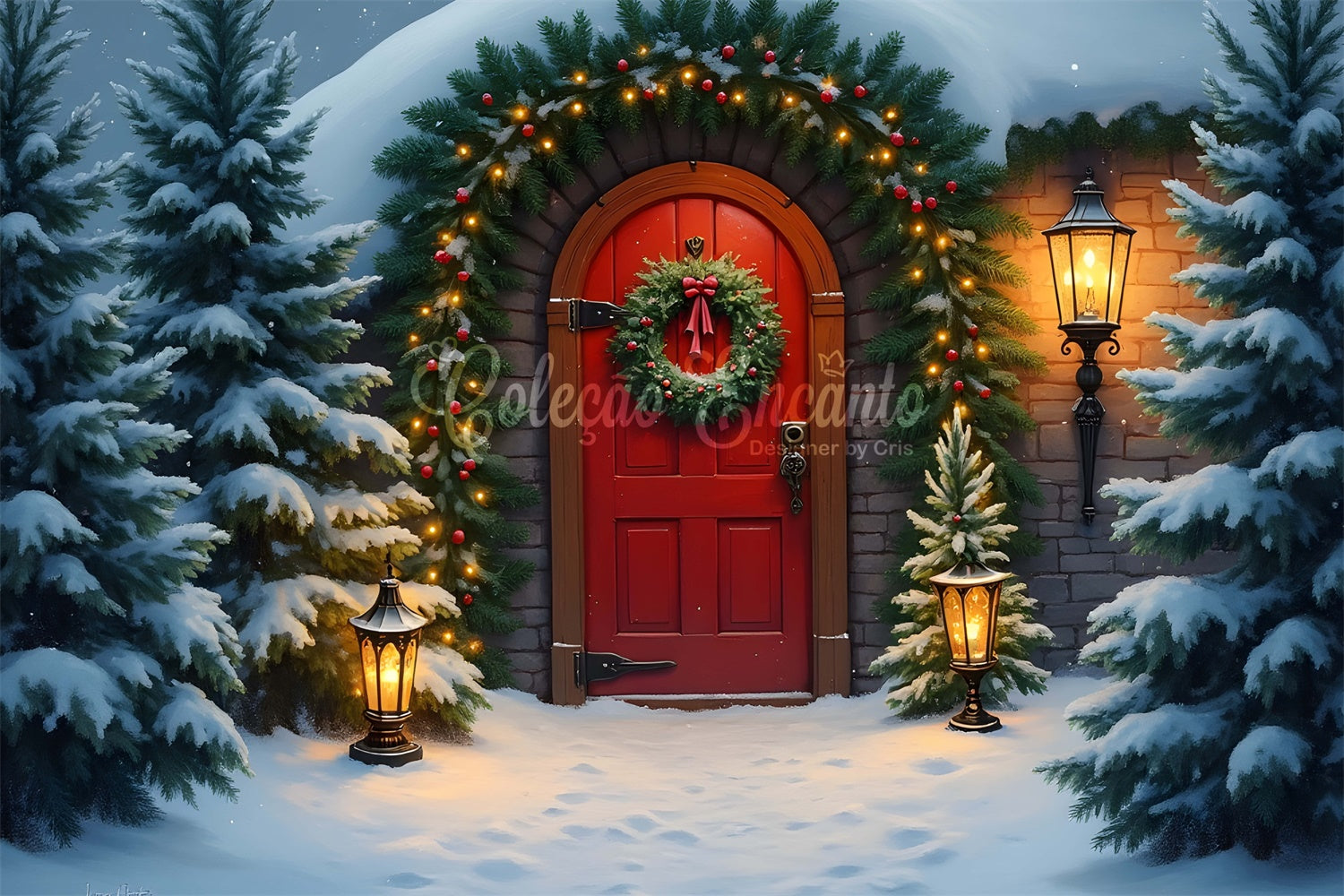 Xmas Backdrops Snow Pine Trees Door Backdrop UK By Magali