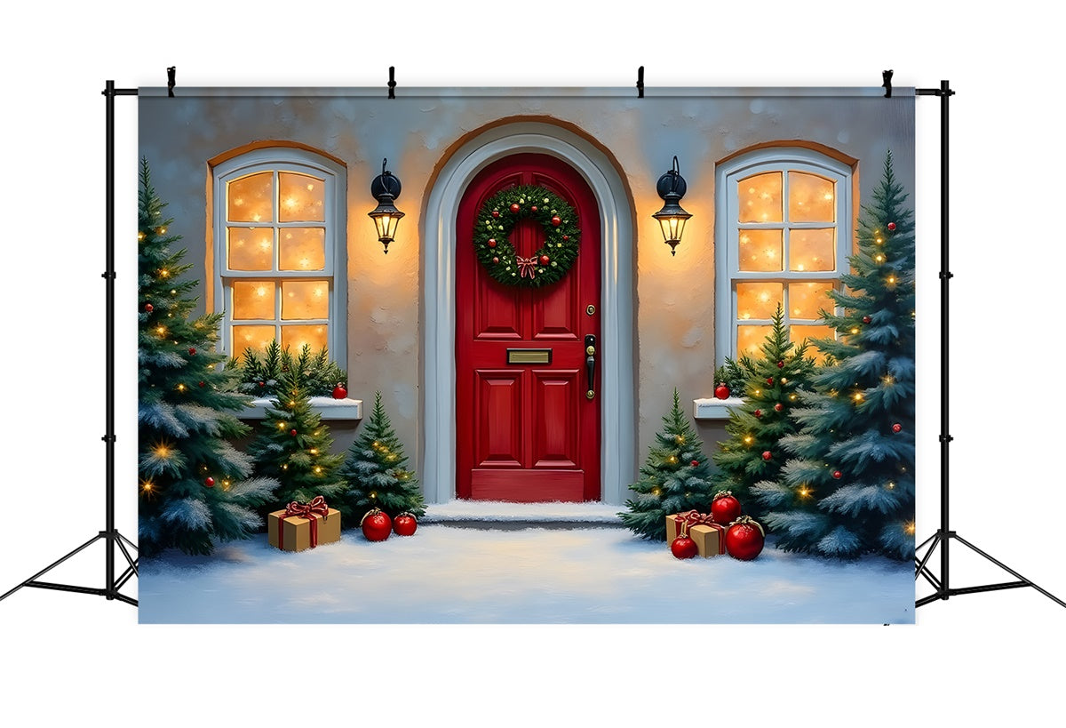 Christmas Backdrop Red Door Winter Pine Backdrop UK By Magali