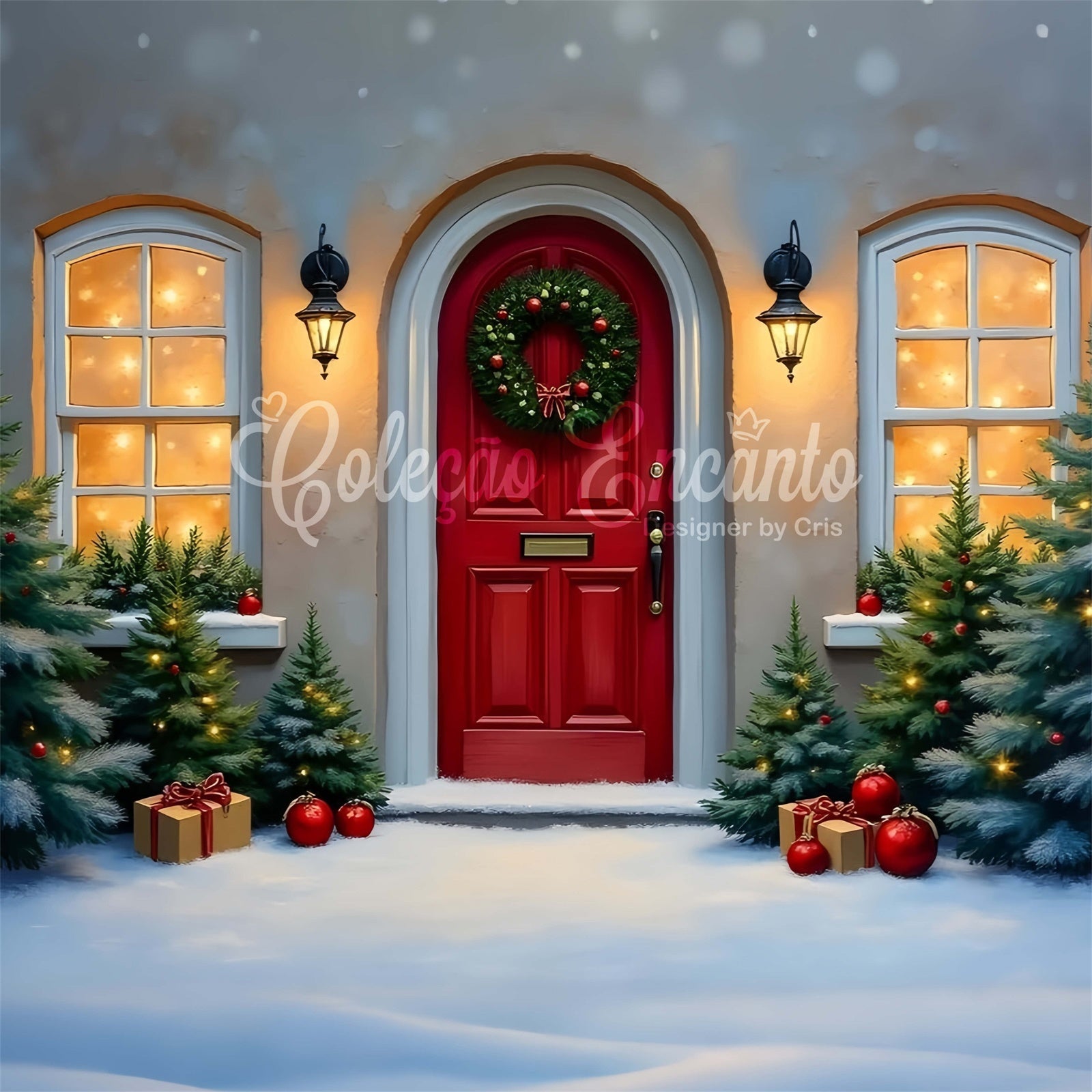 Christmas Backdrop Red Door Winter Pine Backdrop UK By Magali