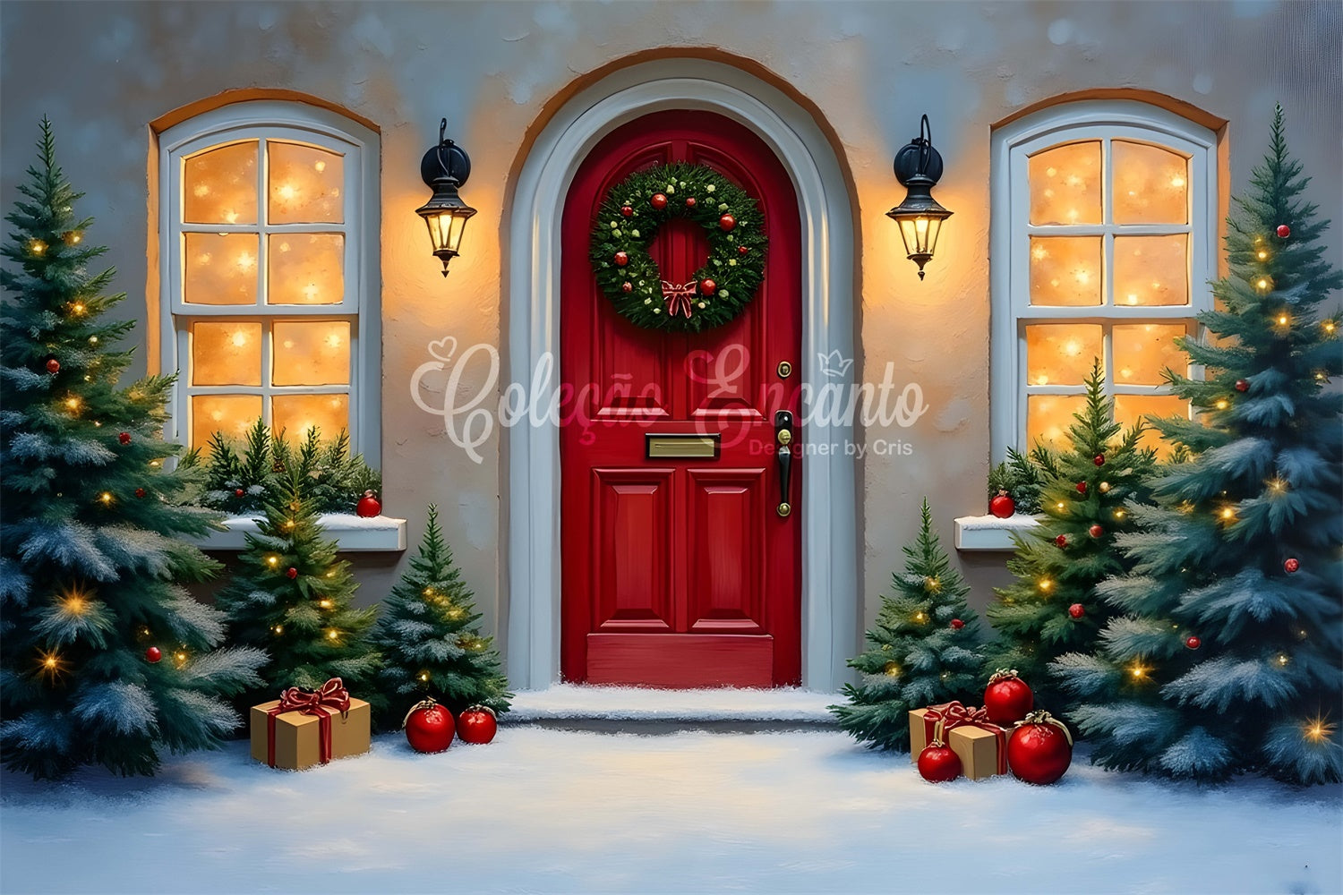 Christmas Backdrop Red Door Winter Pine Backdrop UK By Magali
