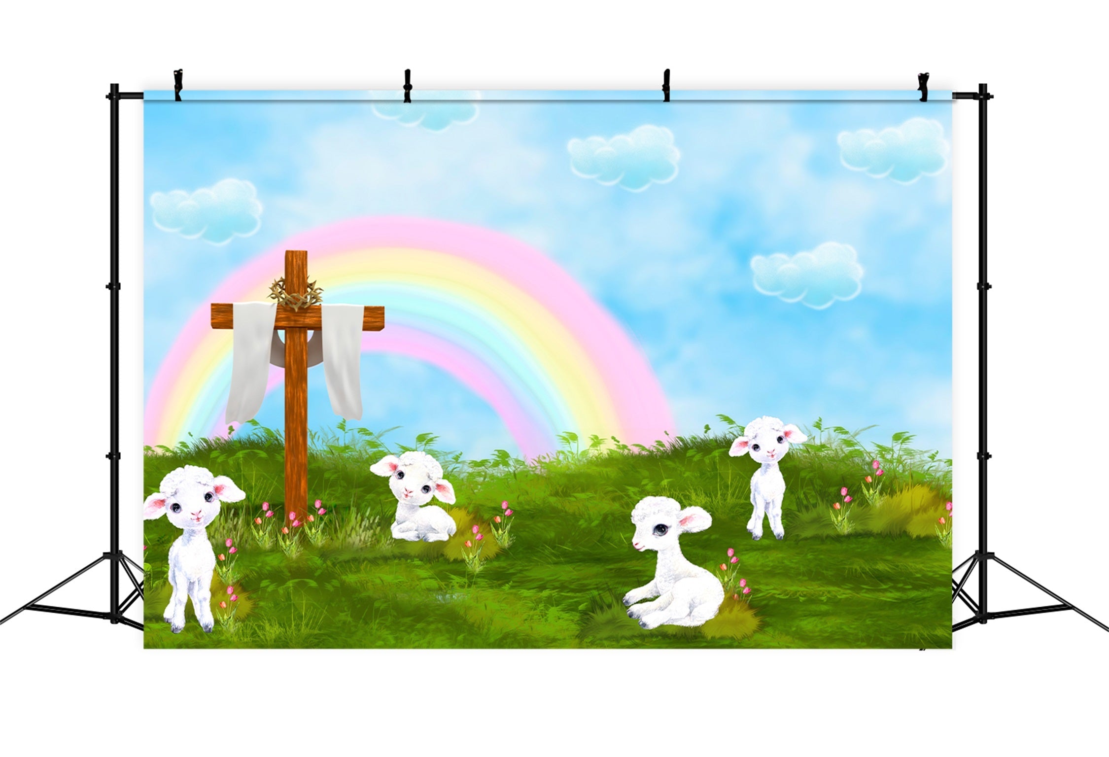 Kids Photography Backdrops Rainbow Cross Lamb Meadow Blessings Rainbow Backdrop UK By Magali