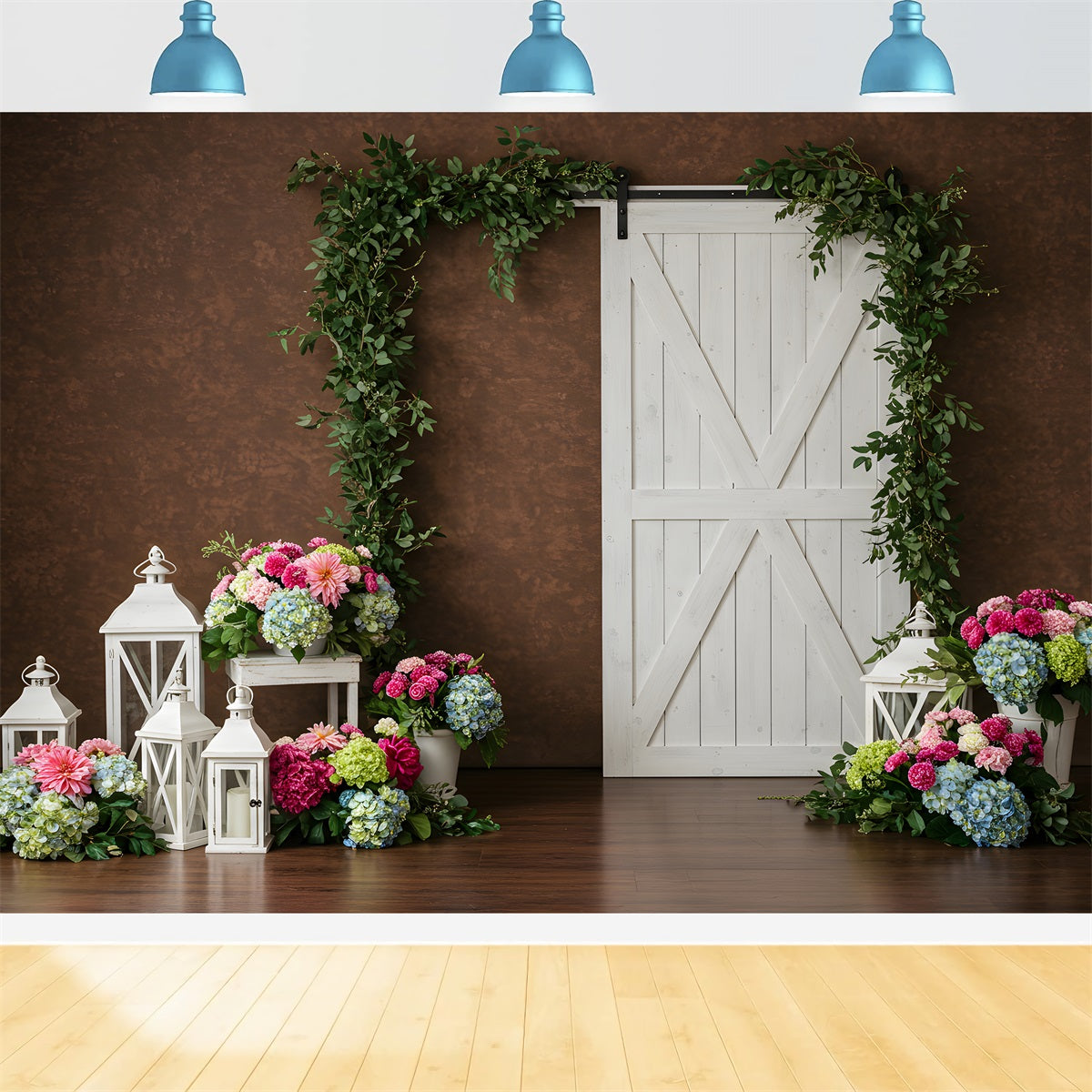 Backdrop Mother's Day Brown Wall White Door Floral Happy Mother's Day Backdrop UK By Magali