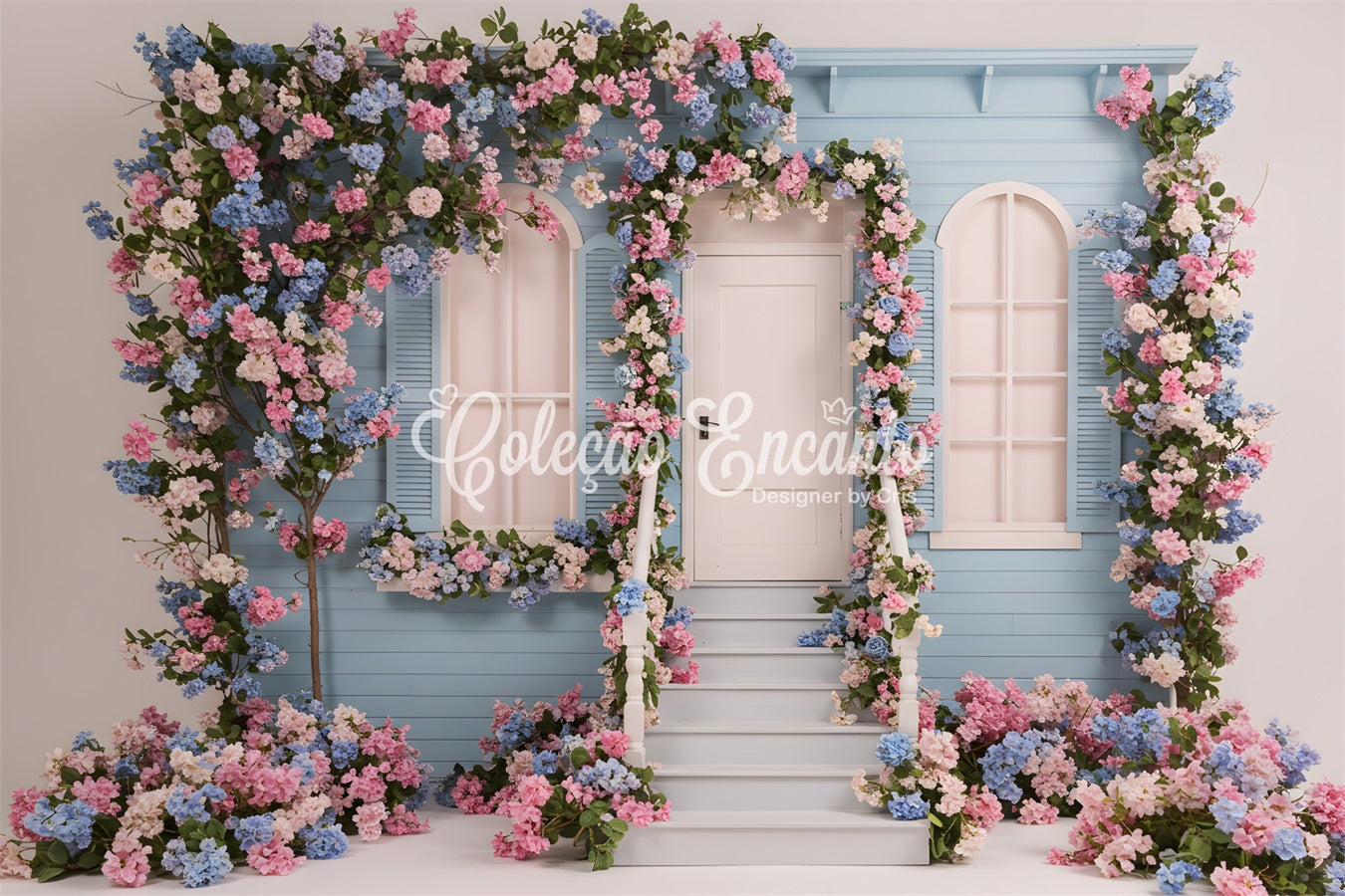 Photo Backdrop For Mothers Day Blue Floral House Mother's Day Photoshoot Backdrop UK By Magali