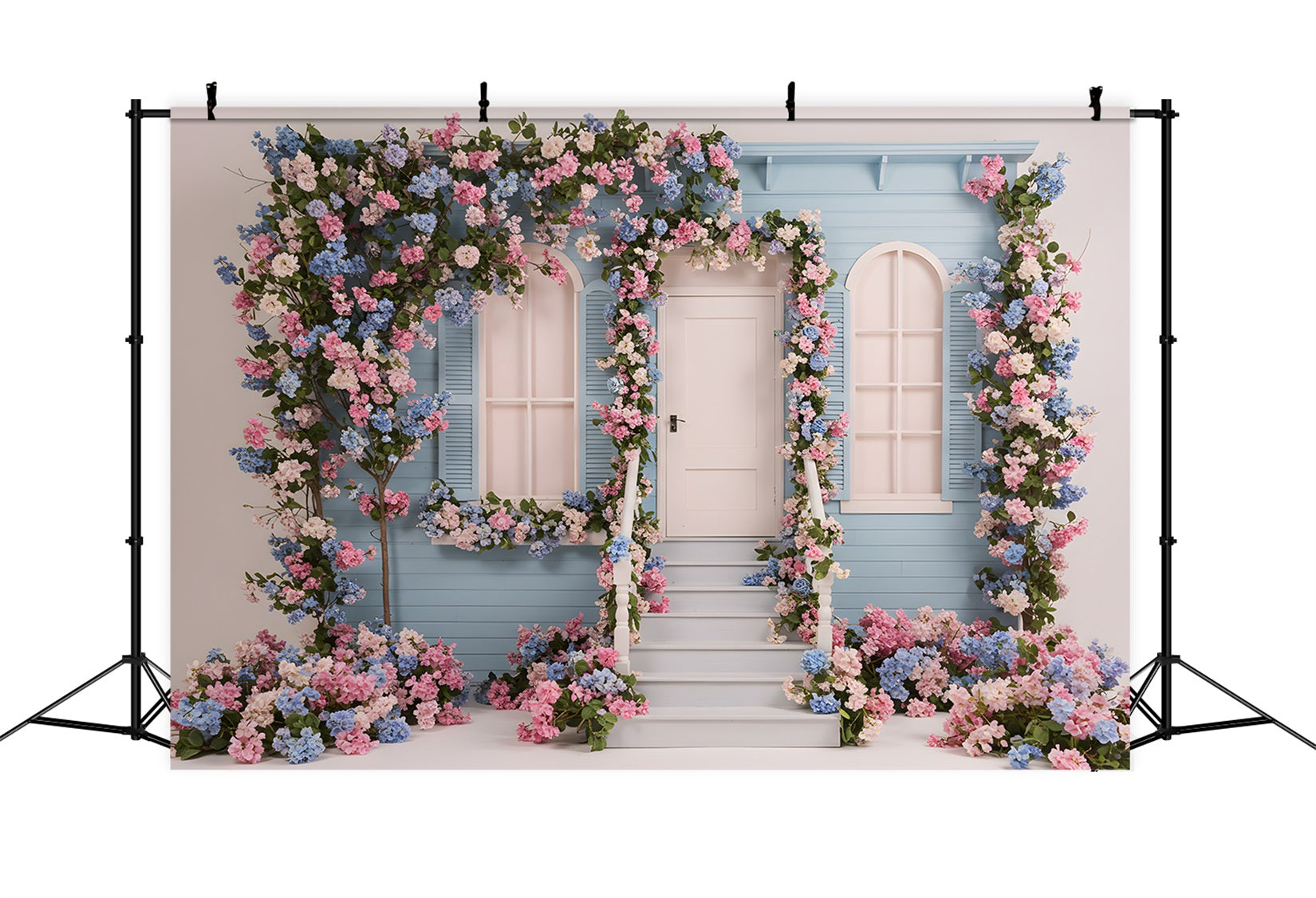 Photo Backdrop For Mothers Day Blue Floral House Mother's Day Photoshoot Backdrop UK By Magali