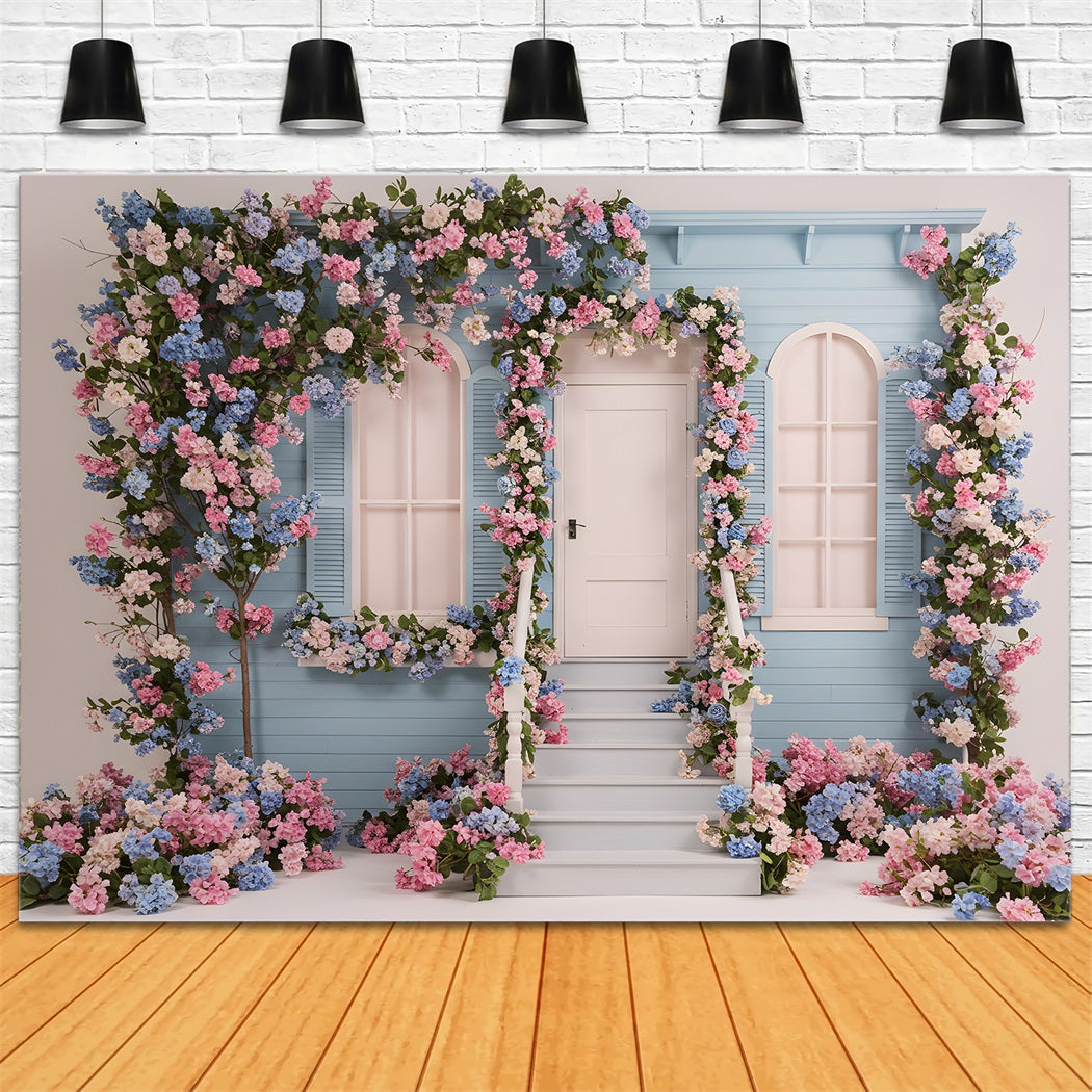Photo Backdrop For Mothers Day Blue Floral House Mother's Day Photoshoot Backdrop UK By Magali