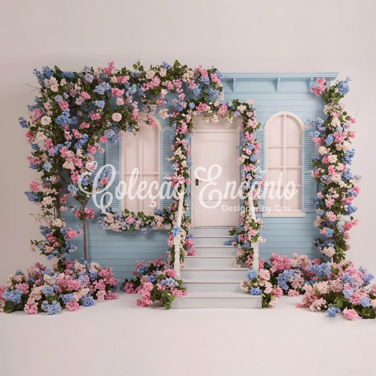 Photo Backdrop For Mothers Day Blue Floral House Mother's Day Photoshoot Backdrop UK By Magali