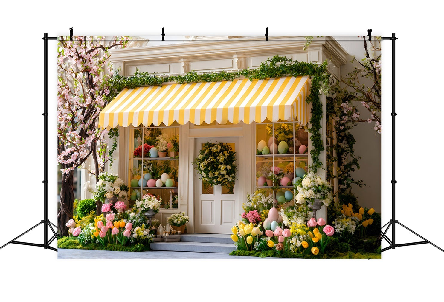 Easter Cottage Garden Backdrop Cherry Bloom Yellow Awning Easter Backdrops UK By Magali