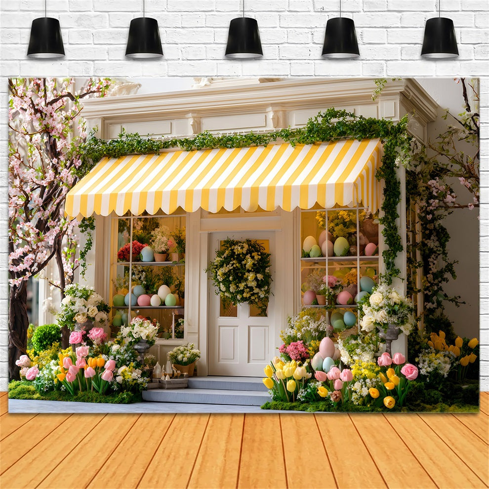 Easter Cottage Garden Backdrop Cherry Bloom Yellow Awning Easter Backdrops UK By Magali