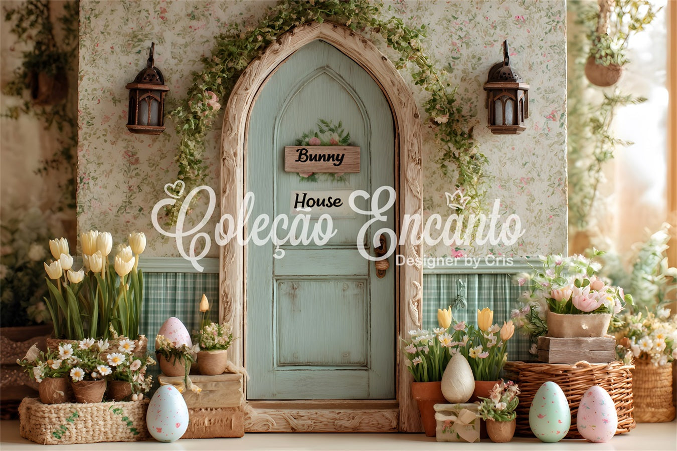 Easter Tulip Backdrop Bunny House Flower Eggs Backdrop For Easter UK By Magali