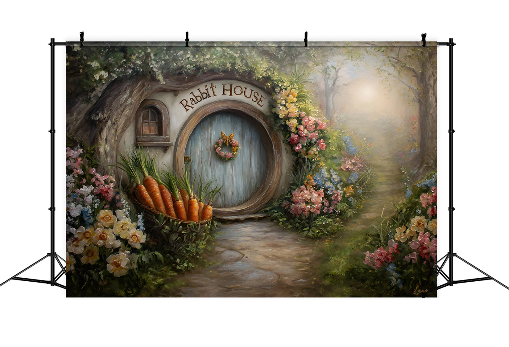 Easter Bunny Burrow Backdrop Hobbit Door Carrot Blooms Easter Photography Backdrop UK By Magali